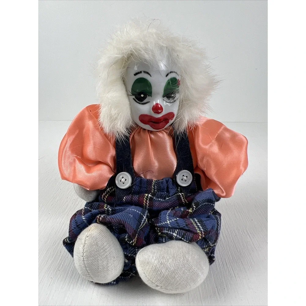 Porcelain‎ Clown Weighted Shelf Sitter Fabric Body Painted Vintage 8 inches